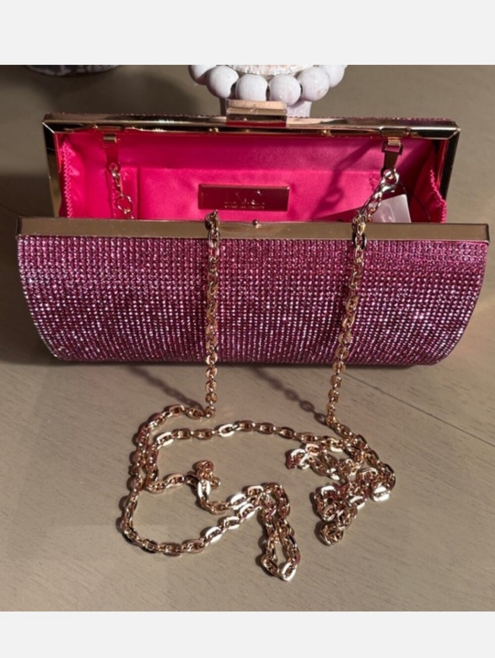 INC International Concepts Pink Rhinestone Clutch with Gold Chain - Picture 2 of 5